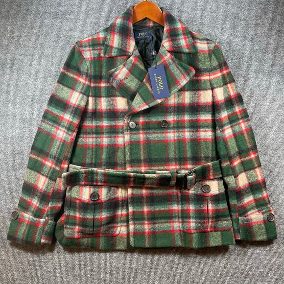 Polo Ralph Lauren Wool Blend Women's 6 Pea Coat Belted Double Breasted Tartan - Picture 1 of 16